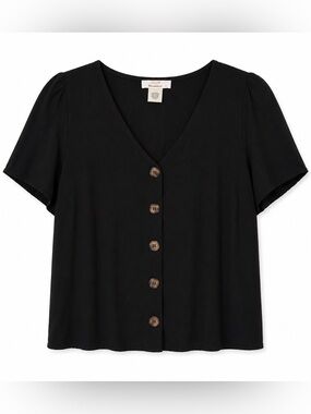 URBAN Romantics Black Short-Sleeve Button Front V-Neck Top